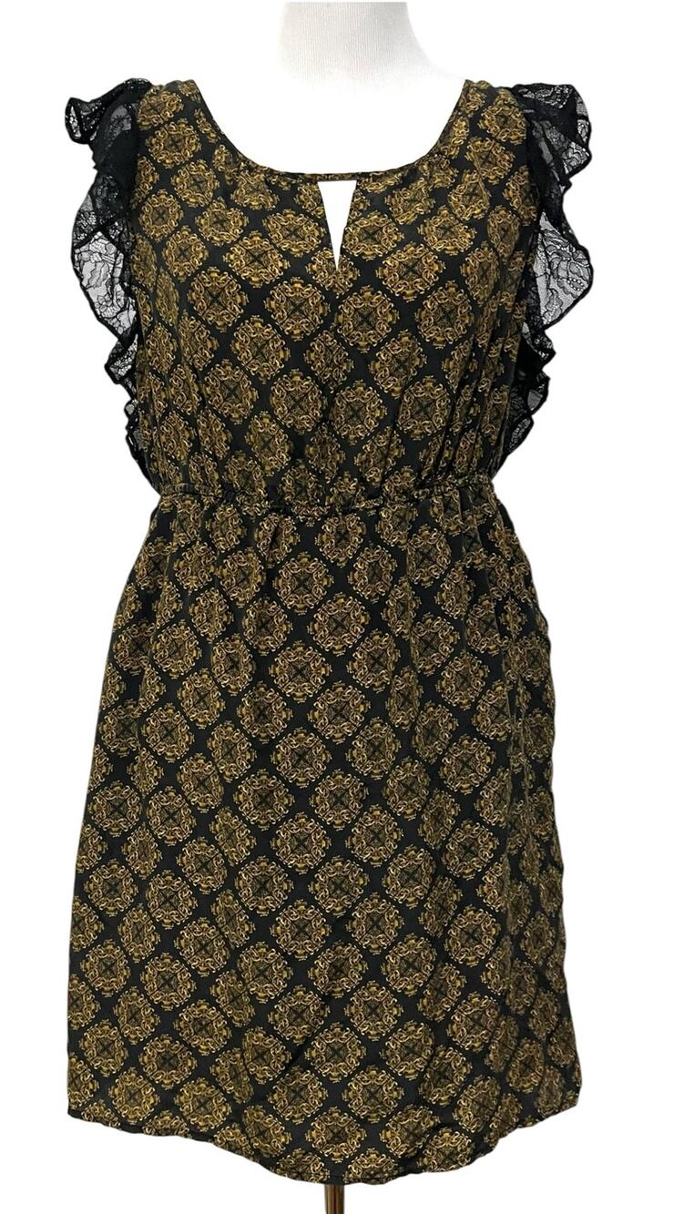 Anthropologie MAPLE 100% Silk Medallion Dress with Black Lace Trim/Back Sz Large